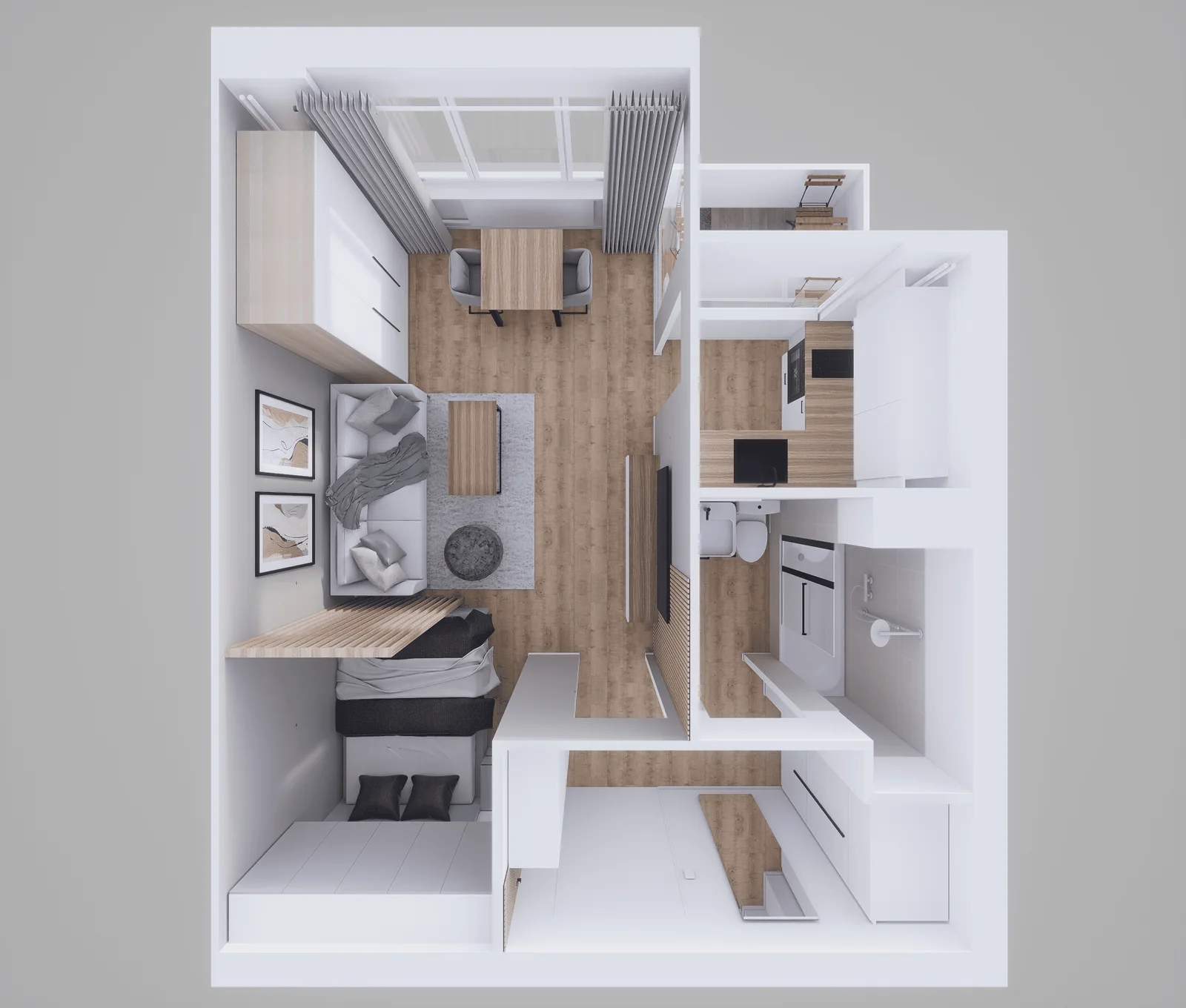 3D-Grundriss der Wohnung von oben: Wohnraum mit Essplatz, Sofa und Schlafnische, daneben Küche, Bad, Flur und Balkon